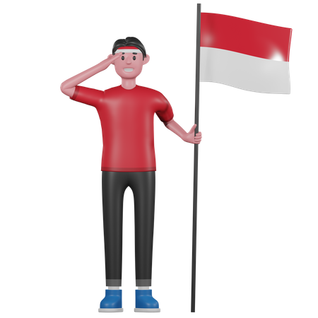 Indonesian man Giving Salute and Holding Indonesia Flag  3D Illustration