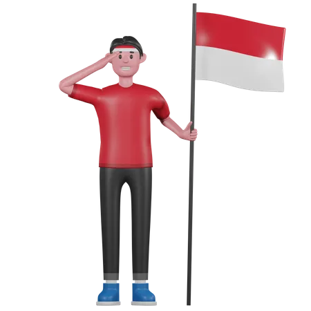 Indonesian man Giving Salute and Holding Indonesia Flag  3D Illustration