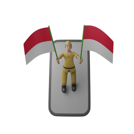 Indonesian Man Holding Indonesian Flag  3D Illustration