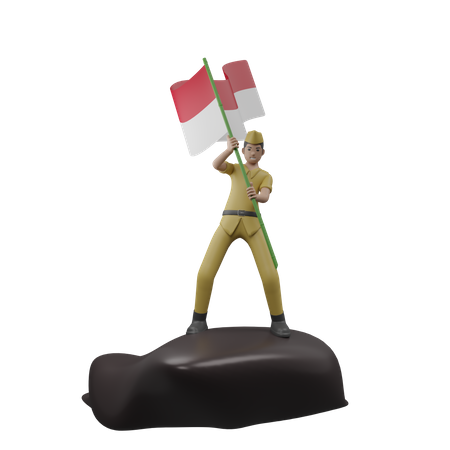 Indonesian Man Holding Indonesian Flag  3D Illustration