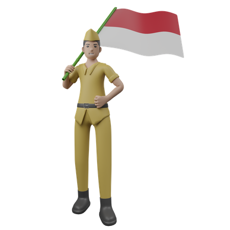 Indonesian Man Holding Indonesian Flag  3D Illustration