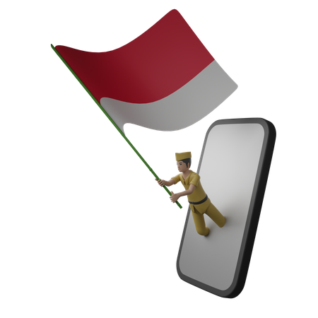 Indonesian Man Holding Indonesian Flag  3D Illustration