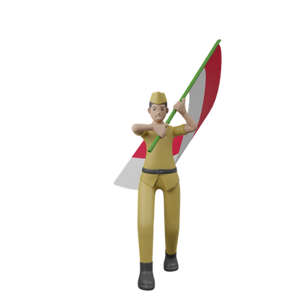 Indonesian Man Holding Indonesian Flag  3D Illustration