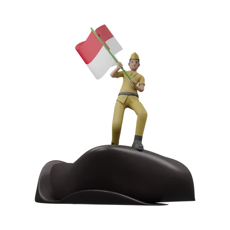 Indonesian Man Holding Indonesian Flag  3D Illustration