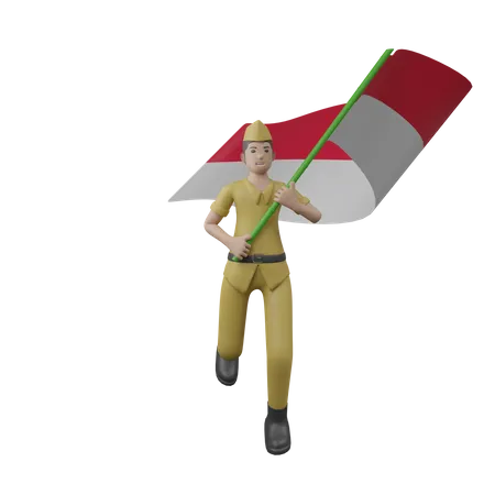 Indonesian Man Holding Indonesian Flag  3D Illustration