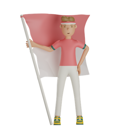 Indonesian Man Holding Indonesian Flag  3D Illustration