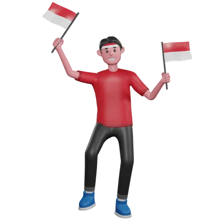 Indonesian man Holding flags  3D Illustration