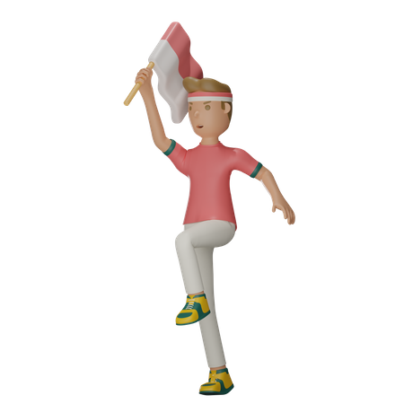 Indonesian Man Holding Indonesian Flag  3D Icon