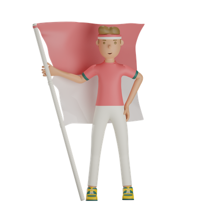 Indonesian Man Holding Indonesian Flag  3D Icon