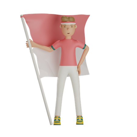 Indonesian Man Holding Indonesian Flag 3D Illustration
