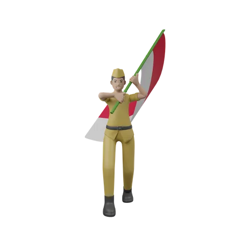 Indonesian Man Holding Indonesian Flag 3D Illustration