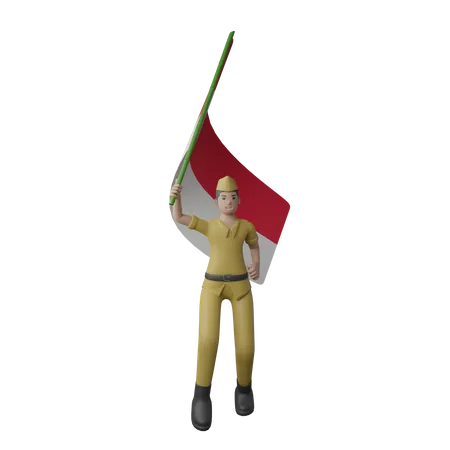 Indonesian Man Holding Indonesian Flag  3D Illustration