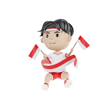 3 D Cute Character Indonesian Independence Day Bring Flag 3D Illustration