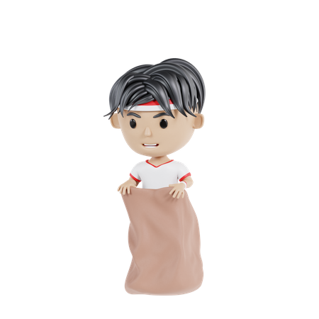 Indonesian man participating in sack race  3D Illustration