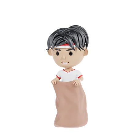 Indonesian man participating in sack race  3D Illustration