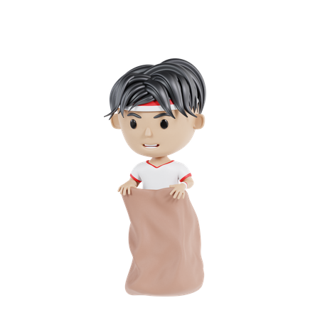 Indonesian man participating in sack race  3D Illustration