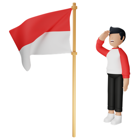 Indonesian Man Respect The Indonesian Flag  3D Illustration