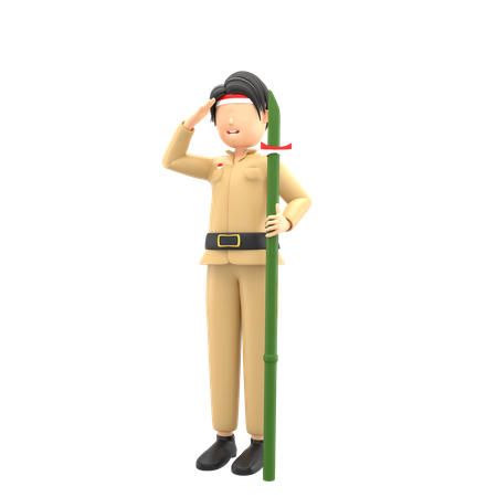 Indonesian Man Saluting and celebrating independence with bamboo  3D Icon