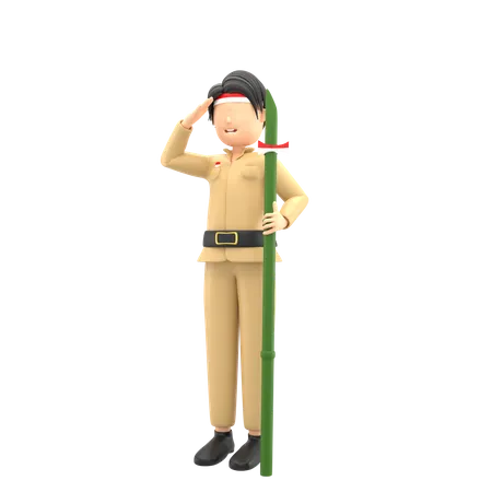 Indonesian Man Saluting and celebrating independence with bamboo  3D Illustration