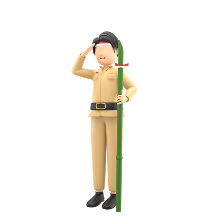 Indonesian Man Saluting and celebrating independence with bamboo  3D Illustration