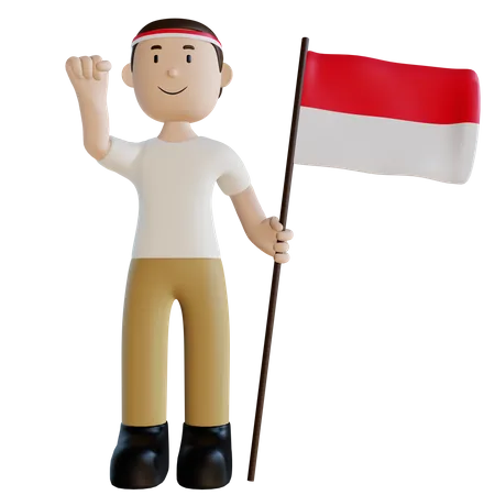 Indonesian man standing carrying a flag  3D Illustration