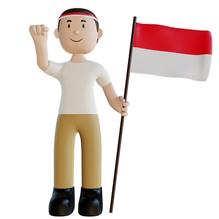 Indonesian man standing carrying a flag  3D Illustration