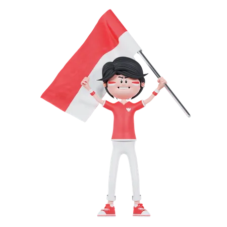 Indonesian People Bring A Flag  3D Illustration