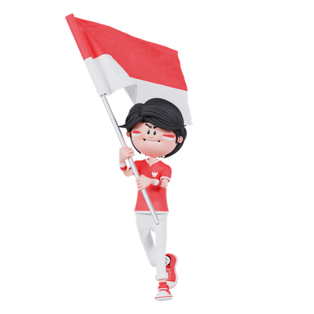Indonesian People Bring A Flag With Run  3D Illustration