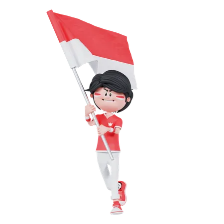 3 D Indonesian People Bring A Flag With Run 3D Illustration