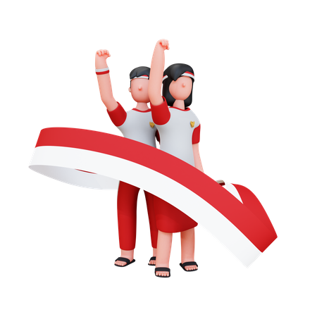 Indonesian People Holding Indonesian Flag  3D Illustration