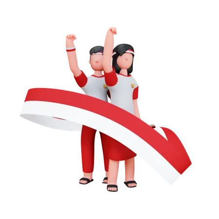 Indonesian People Holding Indonesian Flag  3D Illustration