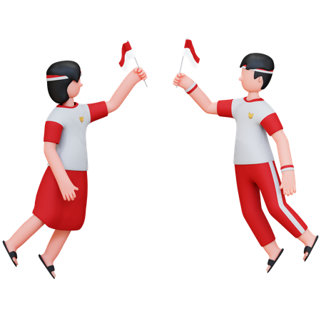 Indonesian People Holding Indonesian Flag  3D Illustration