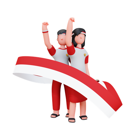 Indonesian People Holding Indonesian Flag  3D Icon