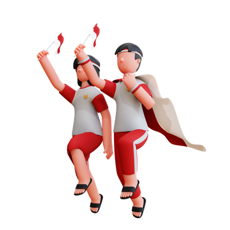Indonesian People Holding Indonesian Flag  3D Icon