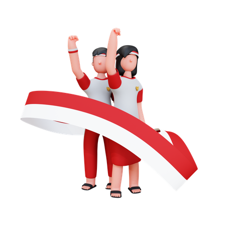 Indonesian People Holding Indonesian Flag 3D Illustration