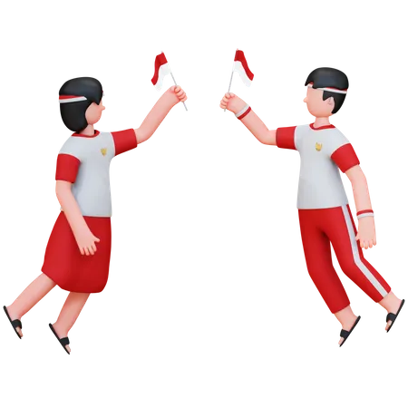 Indonesian People Holding Indonesian Flag  3D Illustration