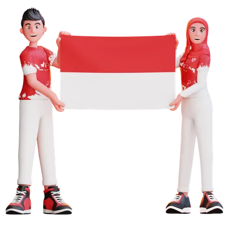 Indonesian people holding Indonesian flag  3D Illustration