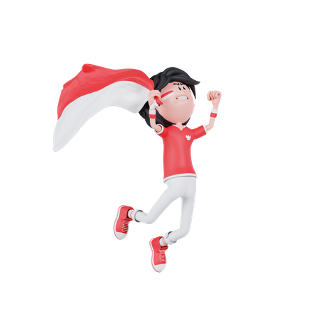 Indonesian People Is Jumping With Bring A Flag  3D Illustration