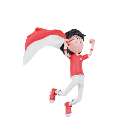 3 D Indonesian People Is Jumping With Bring A Flag 3D Illustration