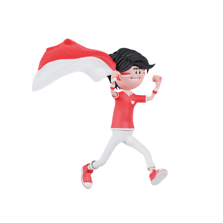 Indonesian People Is Running With Bring A Flag  3D Illustration