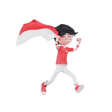 Indonesian People Is Running With Bring A Flag  3D Illustration