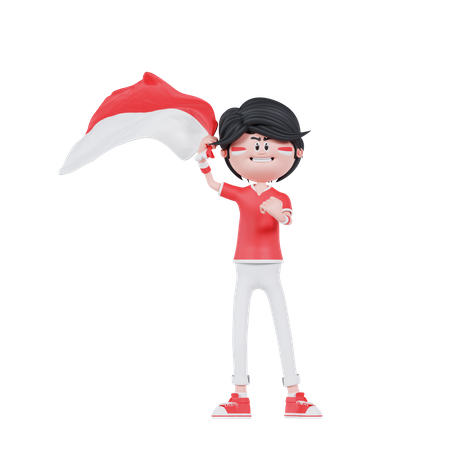 Indonesian People Is Standing With Bring A Flag  3D Illustration