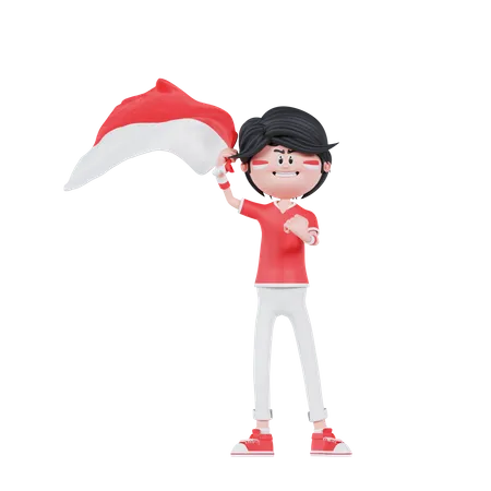 Indonesian People Is Standing With Bring A Flag  3D Illustration