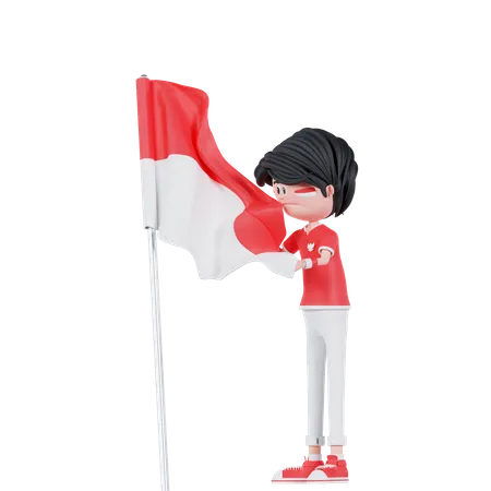 Indonesian People Is Standing With Bring A Flag  3D Illustration