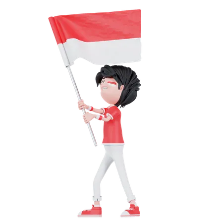 Indonesian People Is Standing With Bring A Flag  3D Illustration