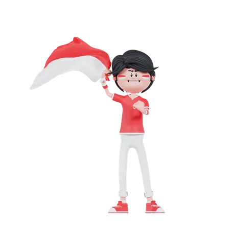 3 D Indonesian People Is Standing With Bring A Flag 3D Illustration