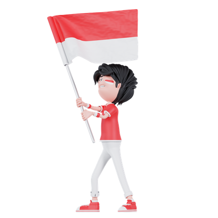 Indonesian People Is Standing With Bring A Flag  3D Illustration