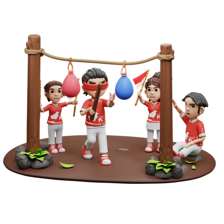 Indonesian People Playing Pukul Balon Game  3D Illustration