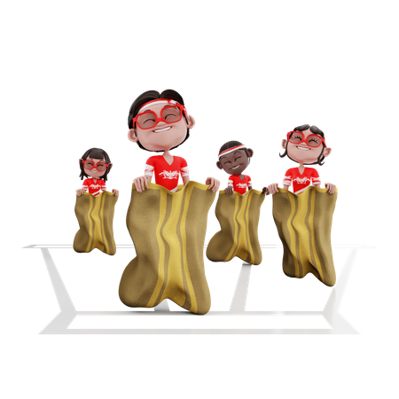 Indonesian people playing Sack Race  3D Illustration