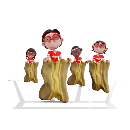Indonesian people playing Sack Race  3D Illustration